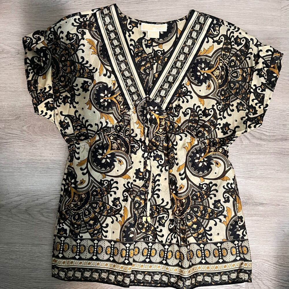 Michael Kors Bohemian Resort Blouse 100 % Silk Empire Tie Front Tunic Sm/Petite